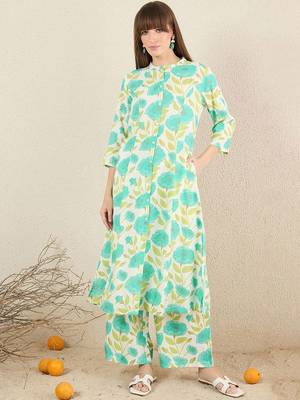Floral Printed Mandarin Collar A-Line Kurta With Palazzos 2