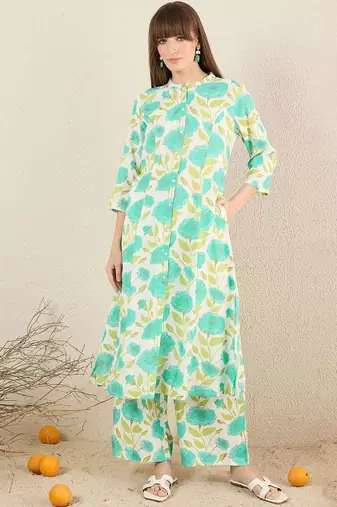 Floral Printed Mandarin Collar A-Line Kurta With Palazzos