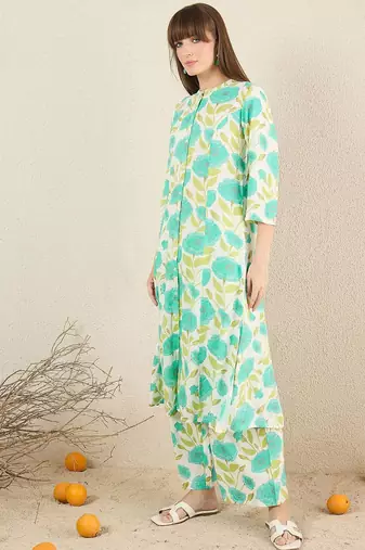 Floral Printed Mandarin Collar A-Line Kurta With Palazzos
