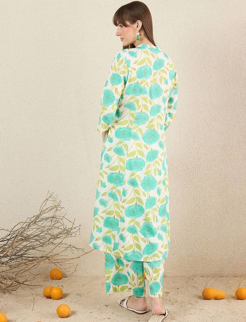Floral Printed Mandarin Collar A-Line Kurta With Palazzos