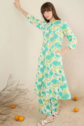Floral Printed Mandarin Collar A-Line Kurta With Palazzos