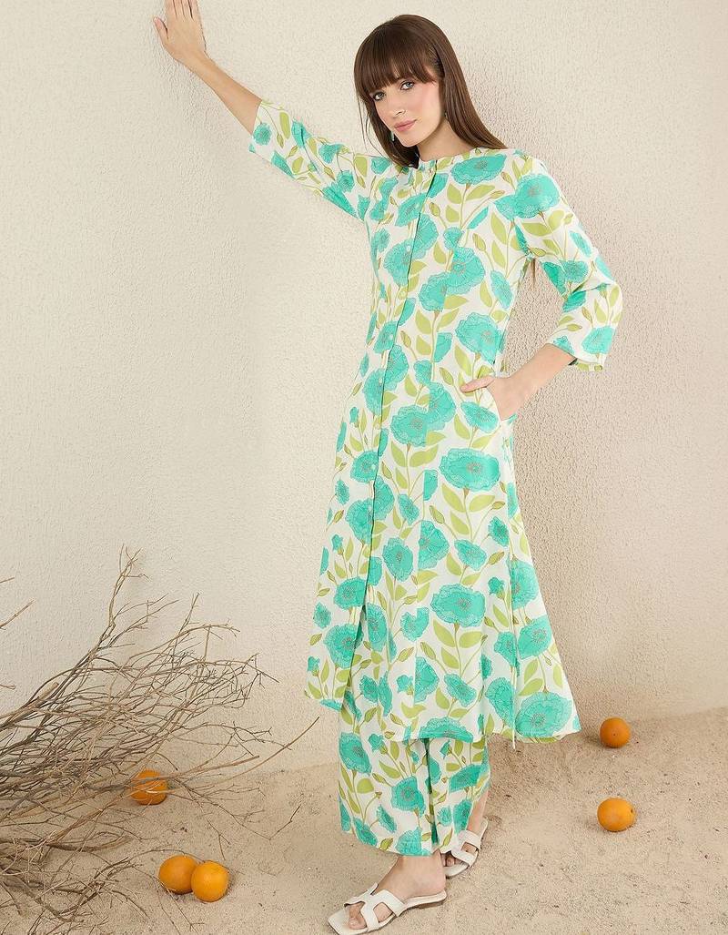Floral Printed Mandarin Collar A-Line Kurta With Palazzos