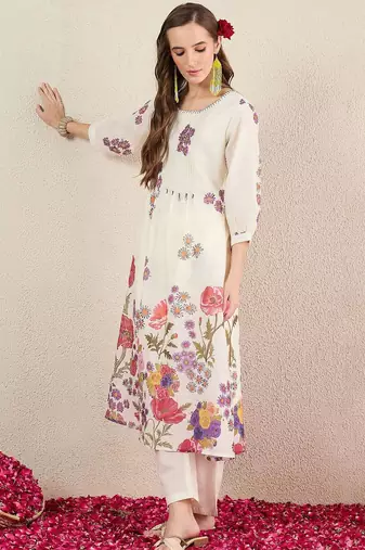 Women Floral Printed Cotton Kurta with Trousers