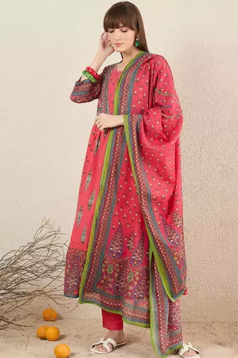 Women Ethnic Motifs Printed Cotton Kurta with Trousers & Dupatta