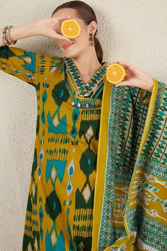 Women Abstract Printed Cotton Kurta with Trousers & Dupatta