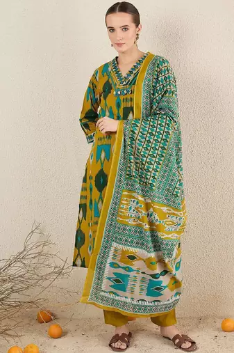 Women Abstract Printed Cotton Kurta with Trousers & Dupatta