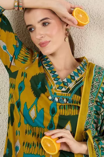 Women Abstract Printed Cotton Kurta with Trousers & Dupatta