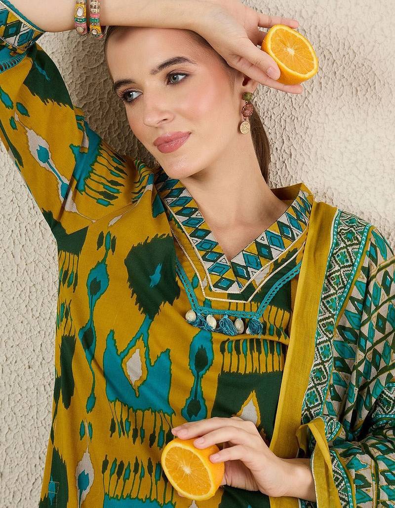 Women Abstract Printed Cotton Kurta with Trousers & Dupatta