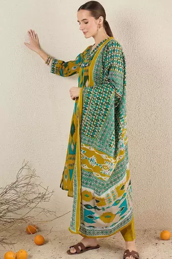 Women Abstract Printed Cotton Kurta with Trousers & Dupatta