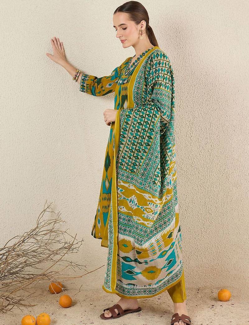 Women Abstract Printed Cotton Kurta with Trousers & Dupatta