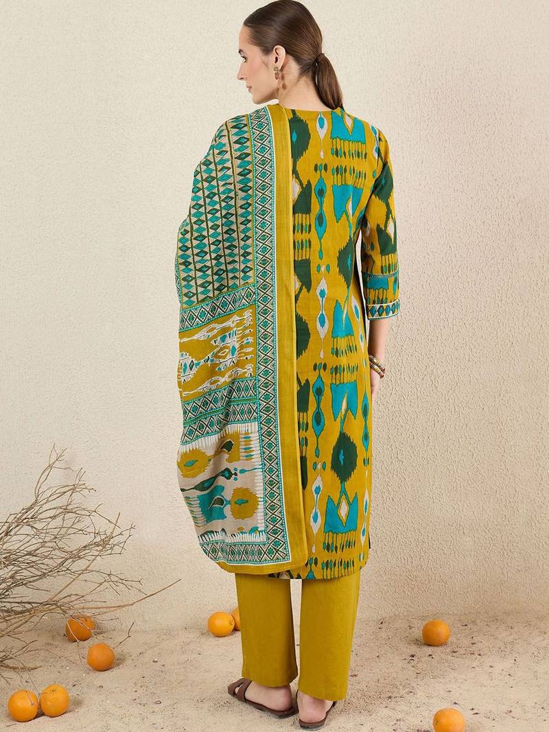 Women Abstract Printed Cotton Kurta with Trousers & Dupatta
