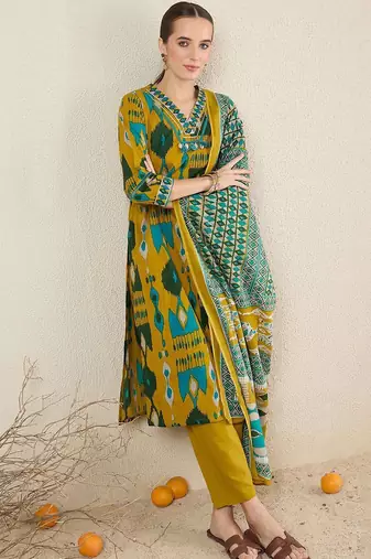 Women Abstract Printed Cotton Kurta with Trousers & Dupatta