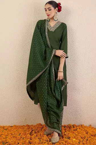 Women Ethnic Motifs Embroidered Regular Kurta with Trousers & With Dupatta