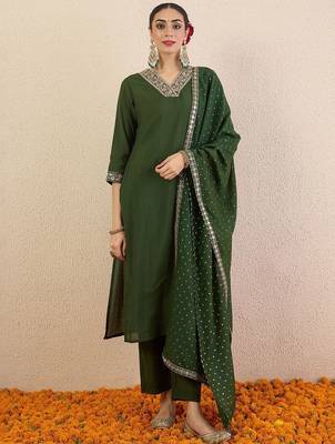 Women Ethnic Motifs Embroidered Regular Kurta with Trousers & With Dupatta 6