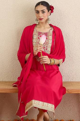 Women Ethnic Motifs Embroidered Regular Kurta with Trousers & Dupatta