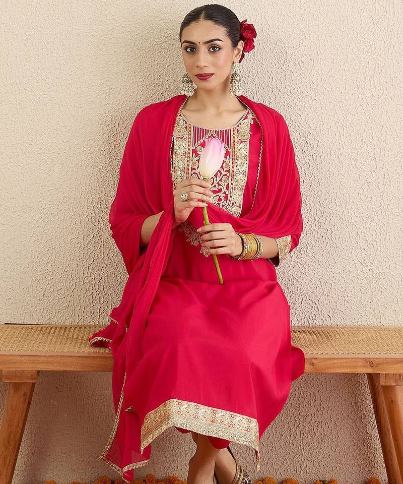 Women Ethnic Motifs Embroidered Regular Kurta with Trousers & Dupatta