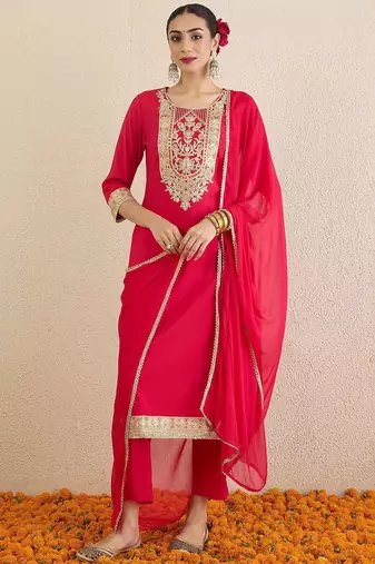 Women Ethnic Motifs Embroidered Regular Kurta with Trousers & Dupatta