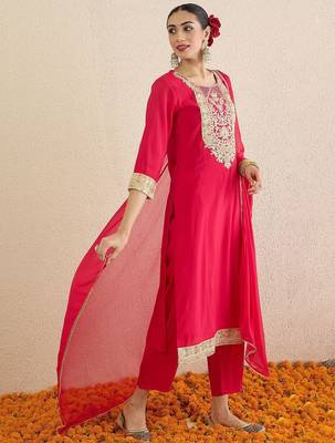 Women Ethnic Motifs Embroidered Regular Kurta with Trousers & Dupatta 4