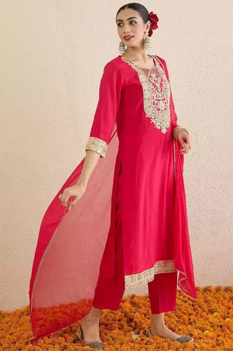 Women Ethnic Motifs Embroidered Regular Kurta with Trousers & Dupatta