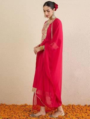 Women Ethnic Motifs Embroidered Regular Kurta with Trousers & Dupatta 5