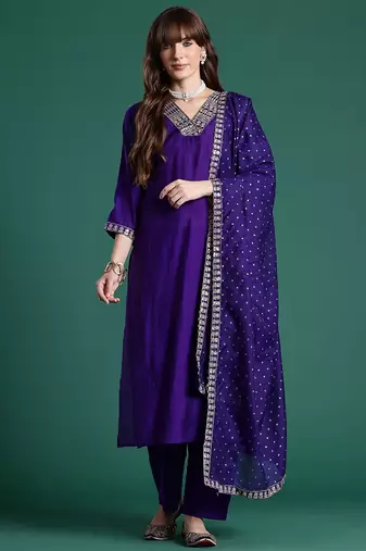 Ethnic Motifs Embroidered Thread Work Kurta With Trousers & Dupatta