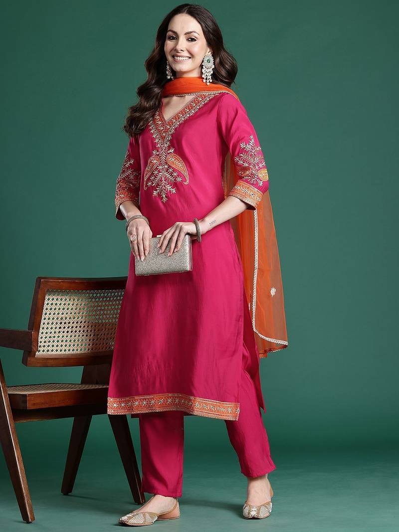 Ethnic Motifs Regular Kurta with Trousers & Dupatta