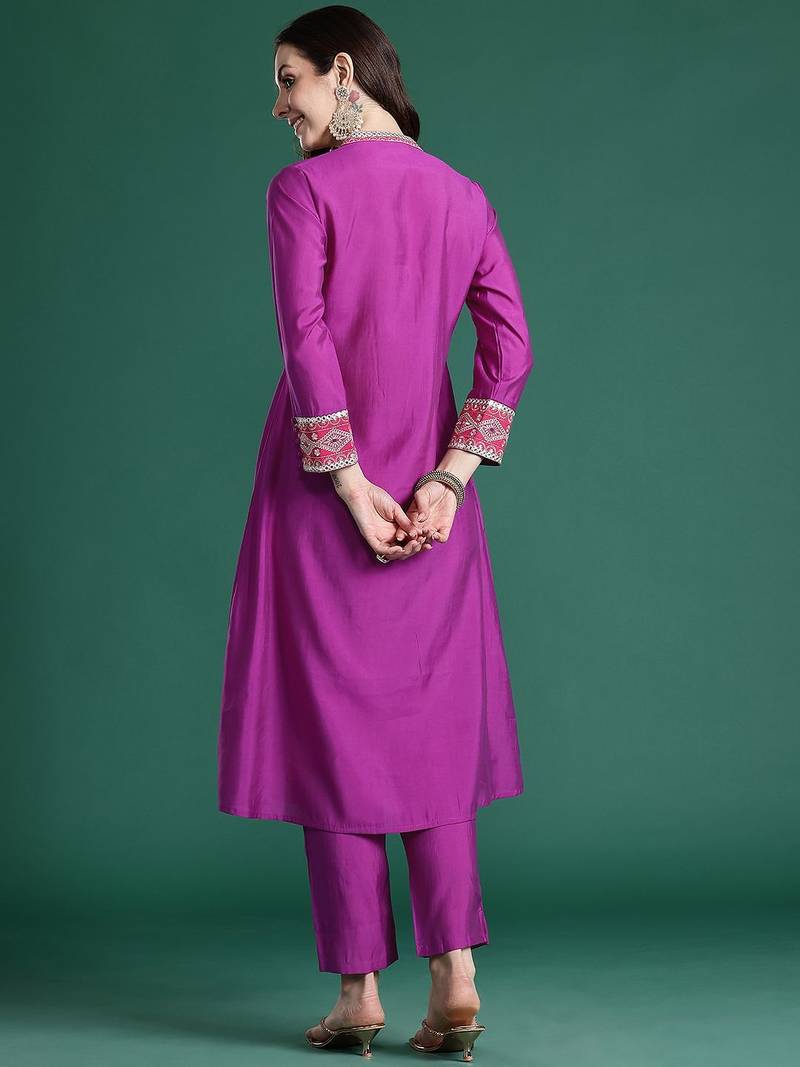 Women Ethnic Motifs Embroidered Pleated Mirror Work Kurta with Trousers