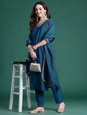 Embroidered Sequinned Kurta with Trousers & With Dupatta 1