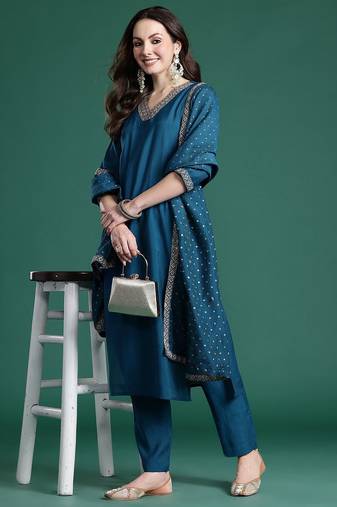 Embroidered Sequinned Kurta with Trousers & With Dupatta