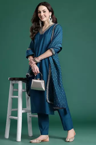 Embroidered Sequinned Kurta with Trousers & With Dupatta