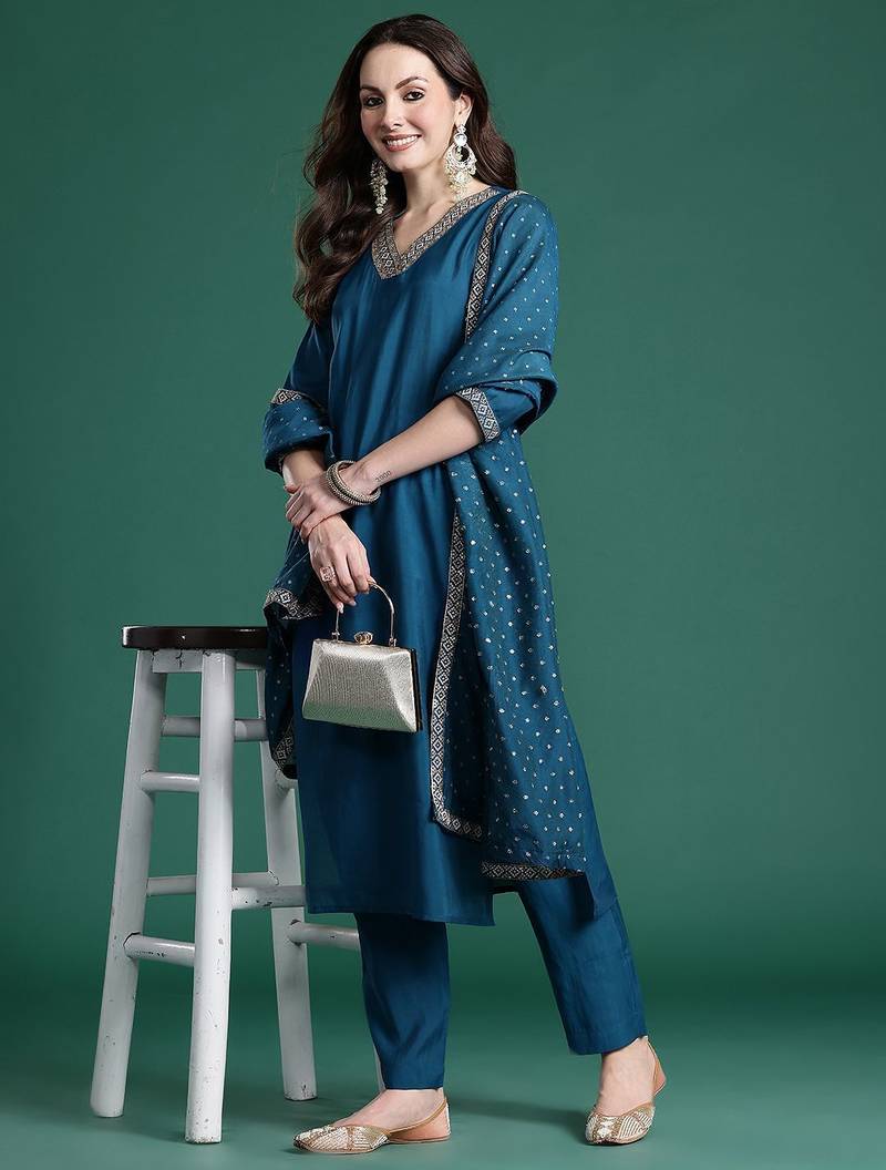 Embroidered Sequinned Kurta with Trousers & With Dupatta