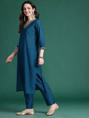 Embroidered Sequinned Kurta with Trousers & With Dupatta 5