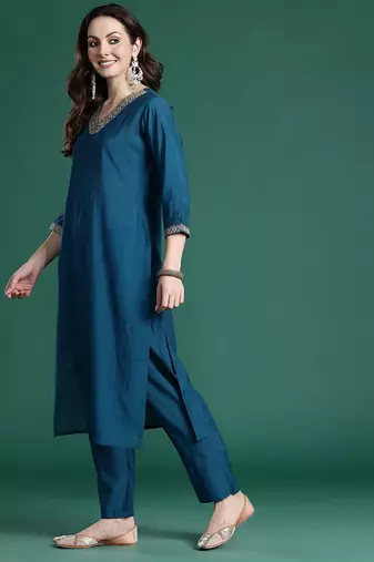 Embroidered Sequinned Kurta with Trousers & With Dupatta