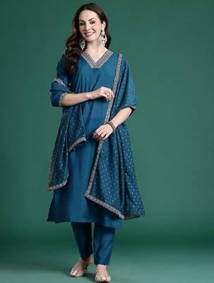 Embroidered Sequinned Kurta with Trousers & With Dupatta 7