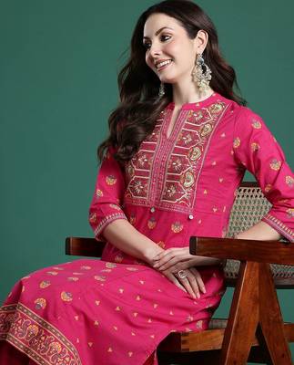 Ethnic Motifs Printed Panelled Thread Work Pure Cotton Kurta with Trousers 1