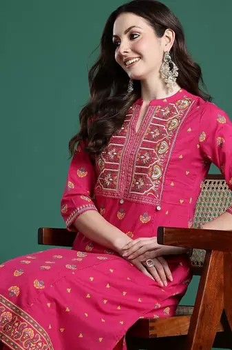 Ethnic Motifs Printed Panelled Thread Work Pure Cotton Kurta with Trousers