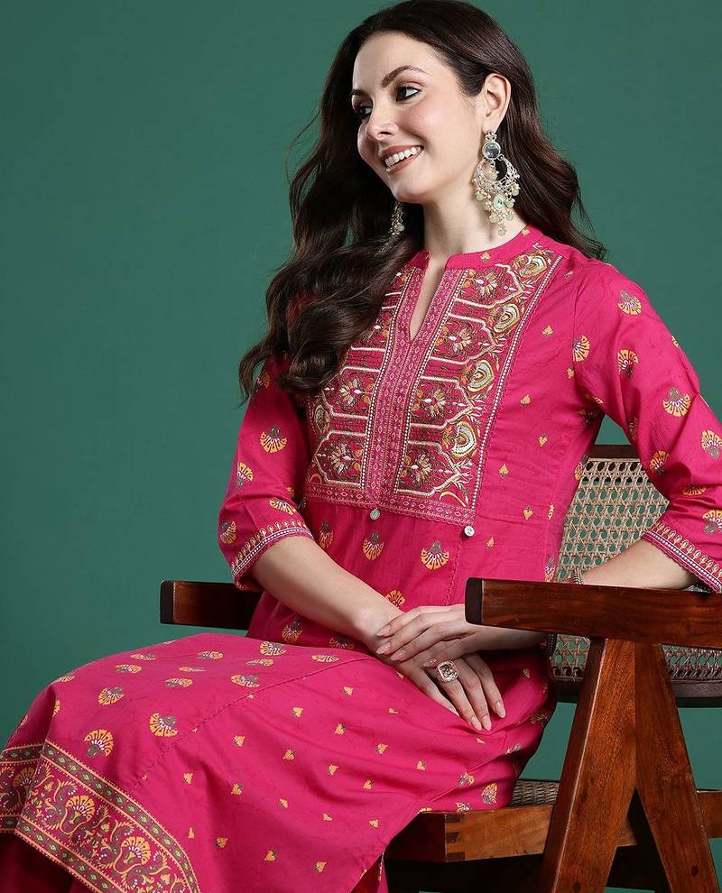 Ethnic Motifs Printed Panelled Thread Work Pure Cotton Kurta with Trousers