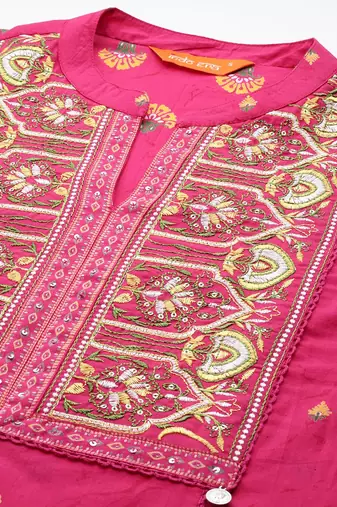 Ethnic Motifs Printed Panelled Thread Work Pure Cotton Kurta with Trousers
