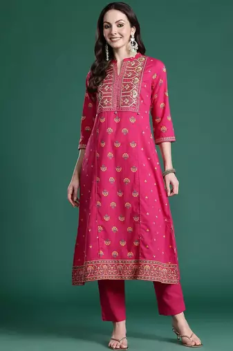 Ethnic Motifs Printed Panelled Thread Work Pure Cotton Kurta with Trousers