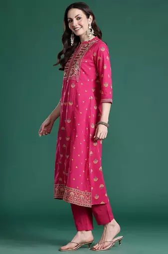 Ethnic Motifs Printed Panelled Thread Work Pure Cotton Kurta with Trousers