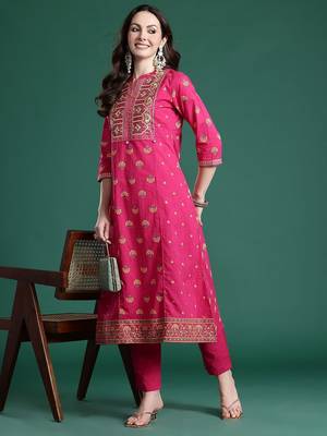 Ethnic Motifs Printed Panelled Thread Work Pure Cotton Kurta with Trousers 7