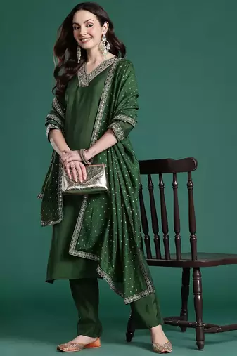 Floral Embroidered Sequinned Kurta with Trousers & With Dupatta