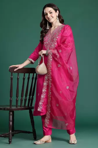 Ethnic Motifs Embroidered Sequinned Kurta with Trousers & With Dupatta