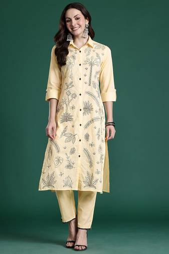 Ethnic Motifs Embroidered Thread Work Pure Cotton Kurta with Trousers
