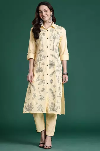 Ethnic Motifs Embroidered Thread Work Pure Cotton Kurta with Trousers