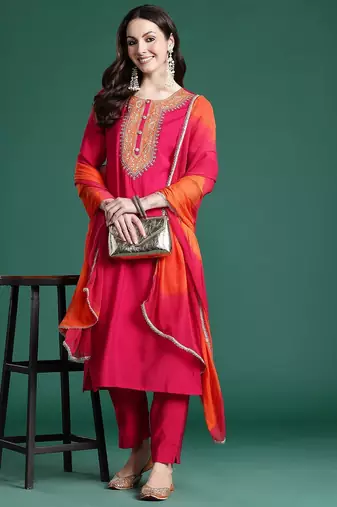 Ethnic Motifs Embroidered Zari Kurta with Trousers & With Dupatta