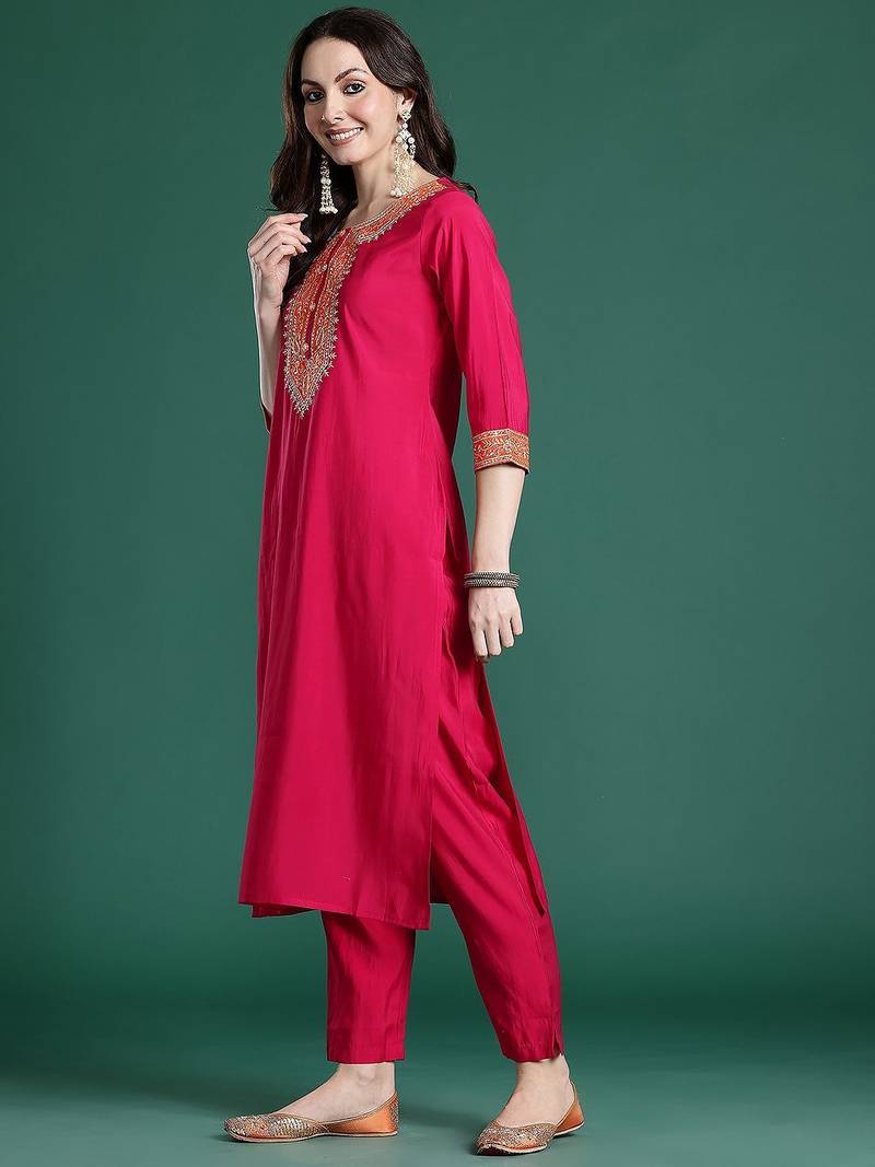 Ethnic Motifs Embroidered Zari Kurta with Trousers & With Dupatta