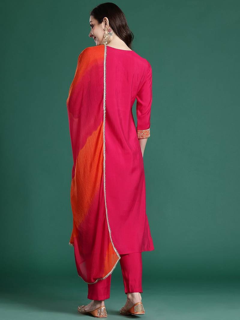Ethnic Motifs Embroidered Zari Kurta with Trousers & With Dupatta