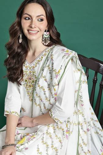 Floral Embroidered  Cotton Kurta with Trousers & Dupatta