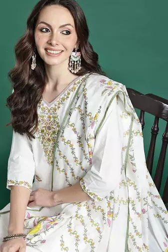 Floral Embroidered Pure Cotton Kurta with Trousers & Dupatta